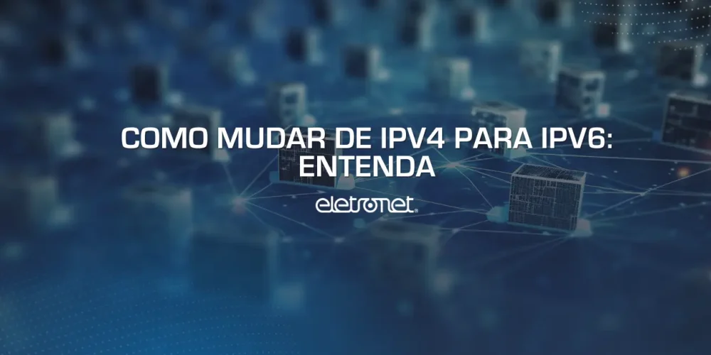 Imagem de vários cubos pequenos interconectados por linhas azuis, representando os novos endereços IP após saber como mudar de IPv4 para IPV6.