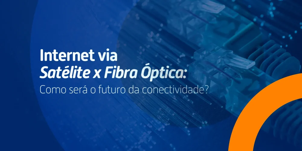 Conector de rede em fundo azul representando a disputa entre internet via satélite e fibra óptica no futuro da conectividade